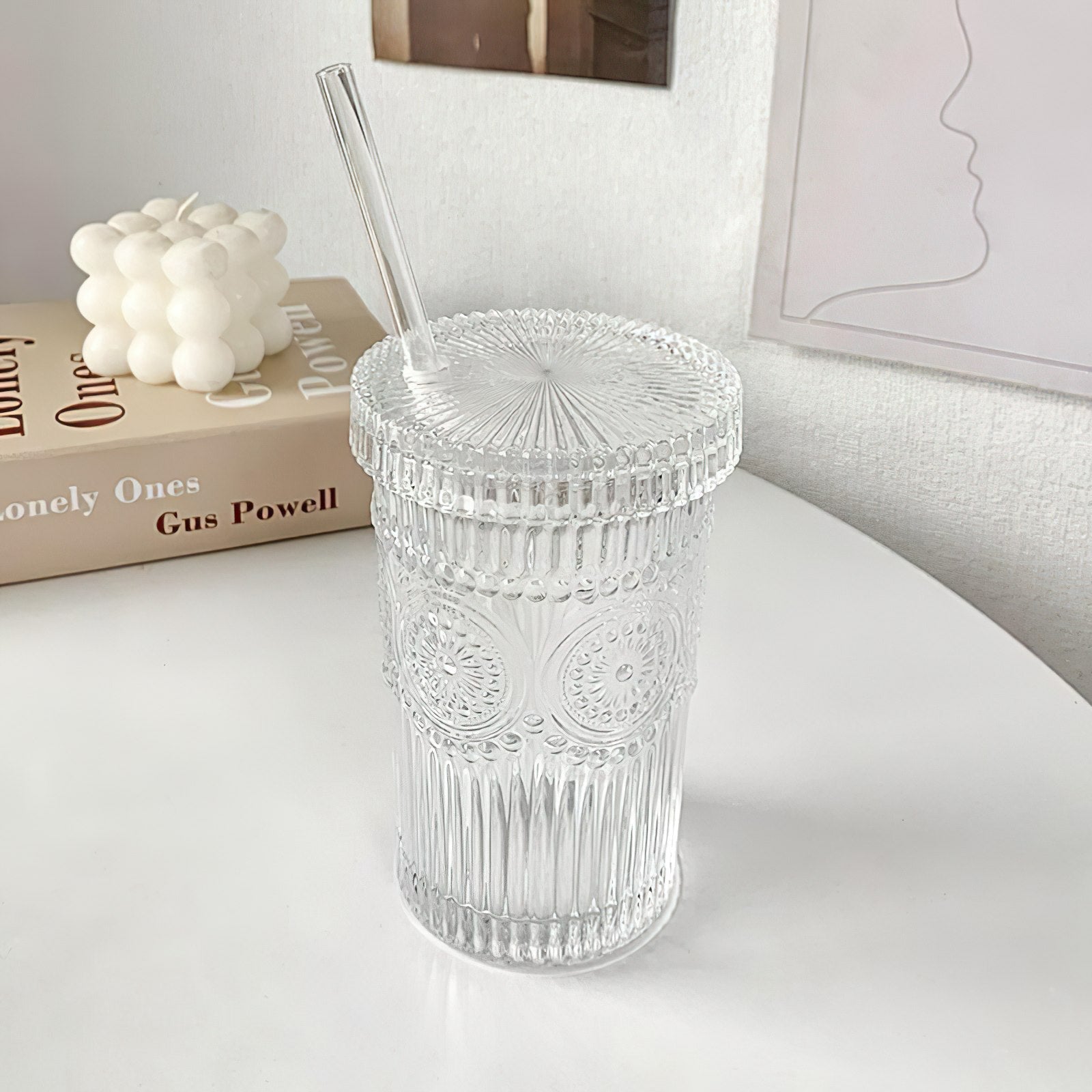 sunflower-ridged-glass-cup-with-strawdrinkswareliving-simply-house-159285 Drinksware Sunflower Ridged Glass Cup with Straw - Living Simply House